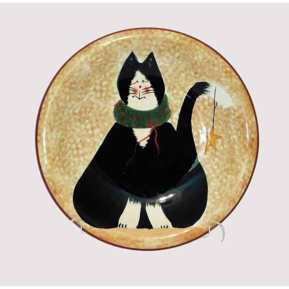 The Sakura Table Christmas Cats Fiddlestix Plate 8” Black Cat Earthenware - Picture 1 of 4